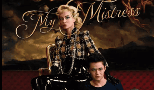 Okładka filmu My Mistress (2014). Domina na tronie i pod nim młody chłopak